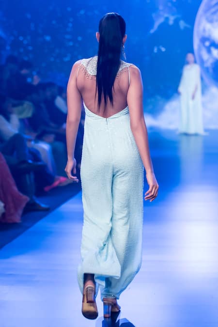 Shop Rabani & Rakha Blue Georgette Sequins Round Neck Embroidered Jumpsuit at Aza Fashions Shop_Rabani & Rakha_Blue Georgette Sequins Round Neck Embroidered Jumpsuit _at_Aza_Fashions