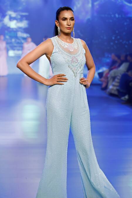 Buy Rabani & Rakha Blue Georgette Sequins Round Neck Embroidered Jumpsuit Online at Aza Fashions Buy_Rabani & Rakha_Blue Georgette Sequins Round Neck Embroidered Jumpsuit _Online_at_Aza_Fashions