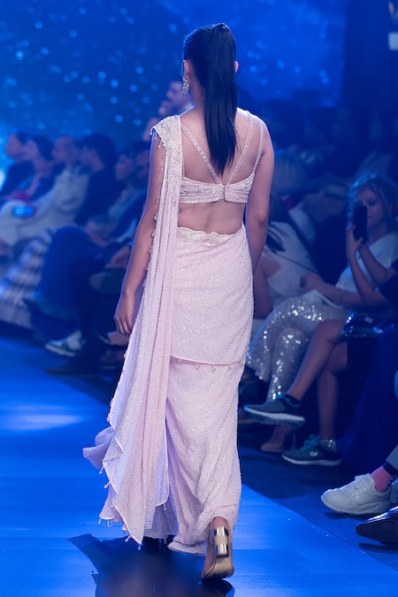 Shop Rabani & Rakha Pink Georgette Beads, Tassels Plunge Neck Embroidered Pre-draped Saree Set at Aza Fashions Shop_Rabani & Rakha_Pink Georgette Beads, Tassels Plunge Neck Embroidered Pre-draped Saree Set _at_Aza_Fashions