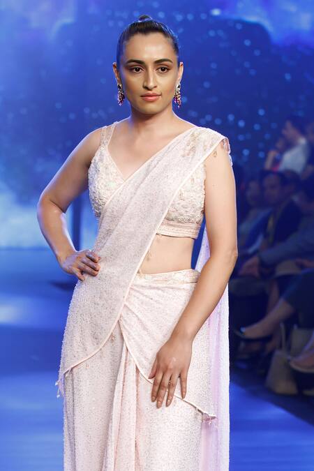 Rabani & Rakha Pink Georgette Beads, Tassels Plunge Neck Embroidered Pre-draped Saree Set Online at Aza Fashions Rabani & Rakha_Pink Georgette Beads, Tassels Plunge Neck Embroidered Pre-draped Saree Set _Online_at_Aza_Fashions