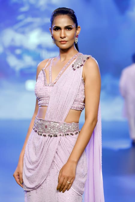 Shop Rabani & Rakha Purple Georgette Sequins, Cut Work, Stones, Embroidered Pre-draped Saree Set at Aza Fashions Shop_Rabani & Rakha_Purple Georgette Sequins, Cut Work, Stones, Embroidered Pre-draped Saree Set _at_Aza_Fashions