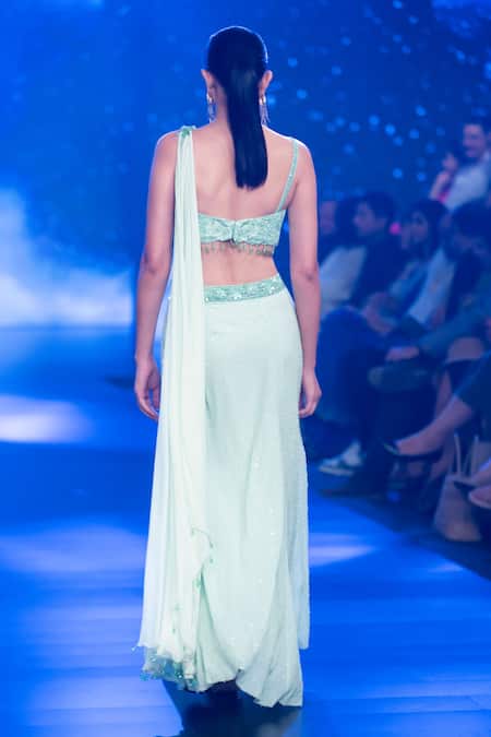 Shop Rabani & Rakha Blue Georgette Beads, Sequins, Cut Work V-neck Embroidered Pre-draped Saree Set at Aza Fashions Shop_Rabani & Rakha_Blue Georgette Beads, Sequins, Cut Work V-neck Embroidered Pre-draped Saree Set _at_Aza_Fashions