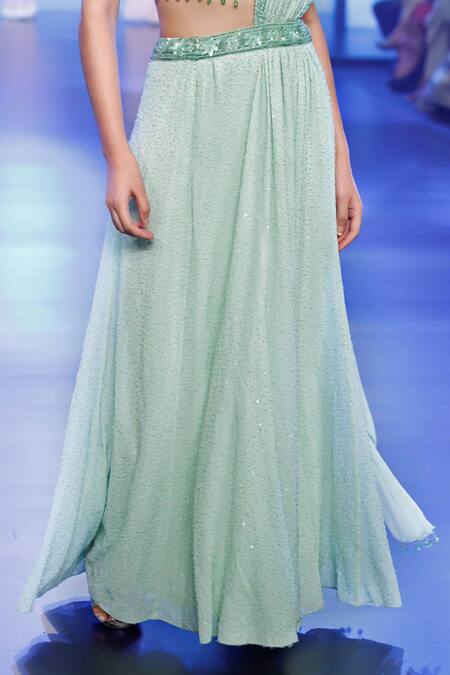 Rabani & Rakha Blue Georgette Beads, Sequins, Cut Work V-neck Embroidered Pre-draped Saree Set Online at Aza Fashions Rabani & Rakha_Blue Georgette Beads, Sequins, Cut Work V-neck Embroidered Pre-draped Saree Set _Online_at_Aza_Fashions