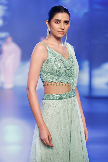 Buy Rabani & Rakha Blue Georgette Beads, Sequins, Cut Work V-neck Embroidered Pre-draped Saree Set Online at Aza Fashions Buy_Rabani & Rakha_Blue Georgette Beads, Sequins, Cut Work V-neck Embroidered Pre-draped Saree Set _Online_at_Aza_Fashions