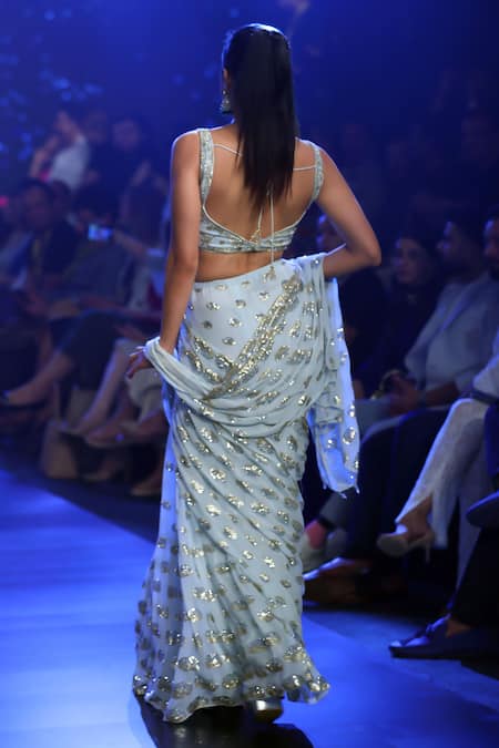 Shop Rabani & Rakha Blue Georgette Sequins, Cut Work, Embroidery Scoop Neck Aqua Pre-draped Saree at Aza Fashions Shop_Rabani & Rakha_Blue Georgette Sequins, Cut Work, Embroidery Scoop Neck Aqua Pre-draped Saree _at_Aza_Fashions