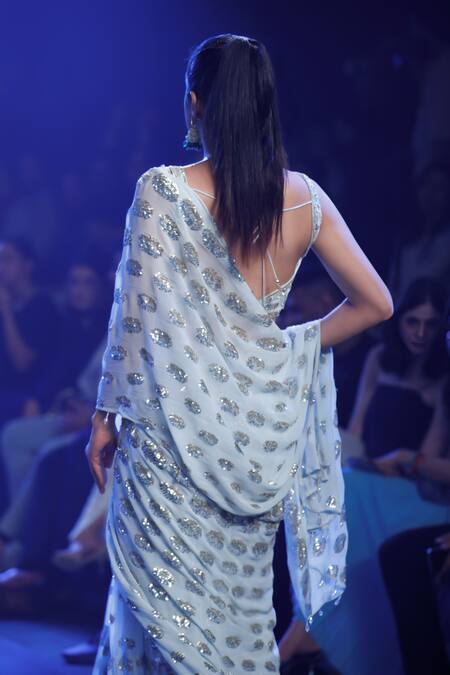 Rabani & Rakha Blue Georgette Sequins, Cut Work, Embroidery Scoop Neck Aqua Pre-draped Saree Online at Aza Fashions Rabani & Rakha_Blue Georgette Sequins, Cut Work, Embroidery Scoop Neck Aqua Pre-draped Saree _Online_at_Aza_Fashions