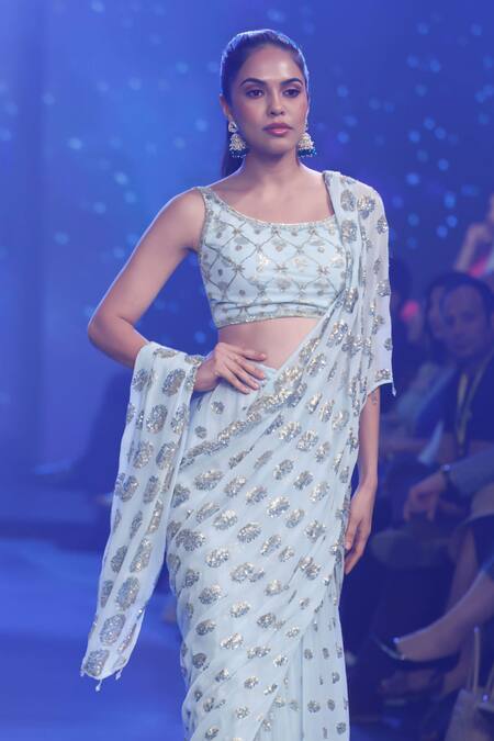 Buy Rabani & Rakha Blue Georgette Sequins, Cut Work, Embroidery Scoop Neck Aqua Pre-draped Saree Online at Aza Fashions Buy_Rabani & Rakha_Blue Georgette Sequins, Cut Work, Embroidery Scoop Neck Aqua Pre-draped Saree _Online_at_Aza_Fashions