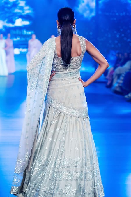 Shop Rabani & Rakha Peach Silk Sequins, Cut Work Round Neck Embroidered Kalidar Lehenga Set at Aza Fashions Shop_Rabani & Rakha_Peach Silk Sequins, Cut Work Round Neck Embroidered Kalidar Lehenga Set _at_Aza_Fashions