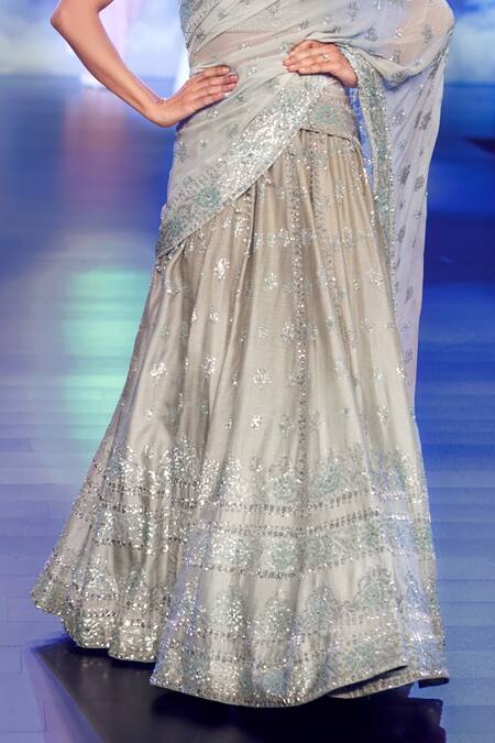 Rabani & Rakha Peach Silk Sequins, Cut Work Round Neck Embroidered Kalidar Lehenga Set Online at Aza Fashions Rabani & Rakha_Peach Silk Sequins, Cut Work Round Neck Embroidered Kalidar Lehenga Set _Online_at_Aza_Fashions