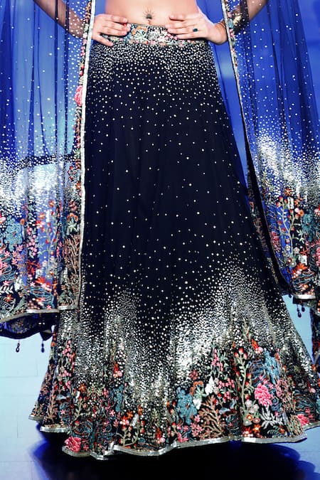 Rabani & Rakha Black Net, Georgette Cut Work, Embroidery, Tassels, Floral Lehenga Set Online at Aza Fashions Rabani & Rakha_Black Net, Georgette Cut Work, Embroidery, Tassels, Floral Lehenga Set _Online_at_Aza_Fashions