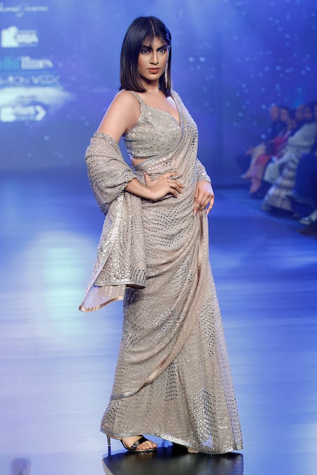 Shop_Rabani & Rakha_Silver Georgette Cut Work, Sequins Plunge Neck Embroidered Grey Saree And Blouse _Online_at_Aza_Fashions