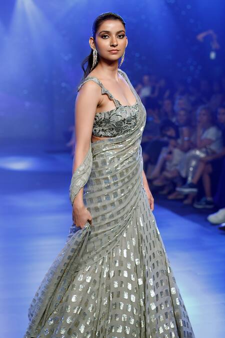 Rabani & Rakha Gray Georgette Sequins, Embroidery Scoop Neck Geometric Lehenga Set Online at Aza Fashions Rabani & Rakha_Gray Georgette Sequins, Embroidery Scoop Neck Geometric Lehenga Set _Online_at_Aza_Fashions