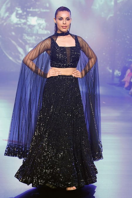 Rabani & Rakha Black Sequin Embroidered Lehenga Set With Cape 