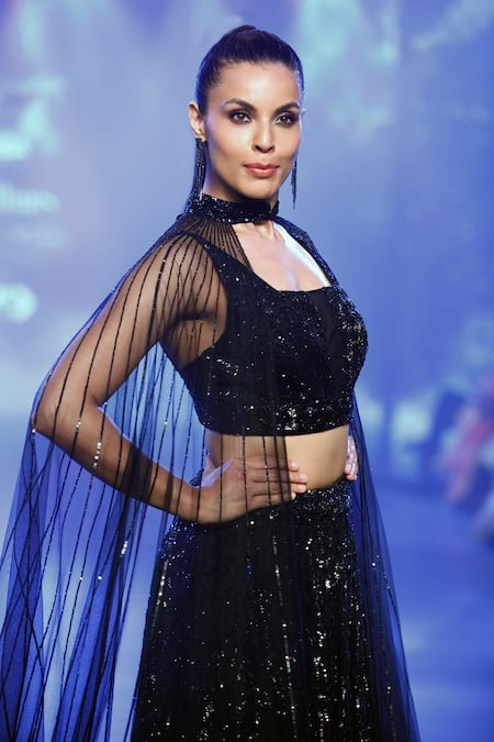 Shop Rabani & Rakha Black Net, Georgette Sequins, Beads Square Embroidered Lehenga Set With Cape at Aza Fashions Shop_Rabani & Rakha_Black Net, Georgette Sequins, Beads Square Embroidered Lehenga Set With Cape _at_Aza_Fashions