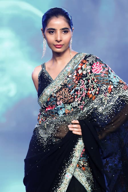 Shop Rabani & Rakha Black Net, Georgette Cut Work, Sequins, Pearls, Embroidery Resham Saree Set at Aza Fashions Shop_Rabani & Rakha_Black Net, Georgette Cut Work, Sequins, Pearls, Embroidery Resham Saree Set _at_Aza_Fashions