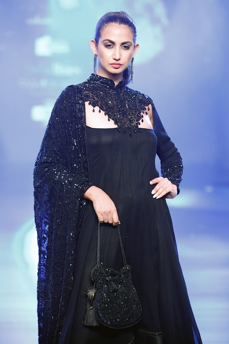Shop_Rabani & Rakha_Black Georgette Sequins, Beads, Embroidery High Neck Asymmetric Anarkali Set _at_Aza_Fashions