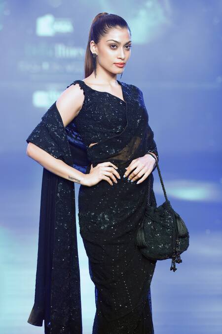 Shop Rabani & Rakha Black Georgette Sequins, Beads Asymmetric Embroidered Saree And Blouse Set at Aza Fashions Shop_Rabani & Rakha_Black Georgette Sequins, Beads Asymmetric Embroidered Saree And Blouse Set _at_Aza_Fashions