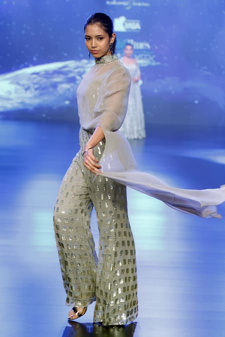 Shop Rabani & Rakha Gray Georgette Sequins Round Neck Dibbi Embroidered Pant Set at Aza Fashions Shop_Rabani & Rakha_Gray Georgette Sequins Round Neck Dibbi Embroidered Pant Set _at_Aza_Fashions