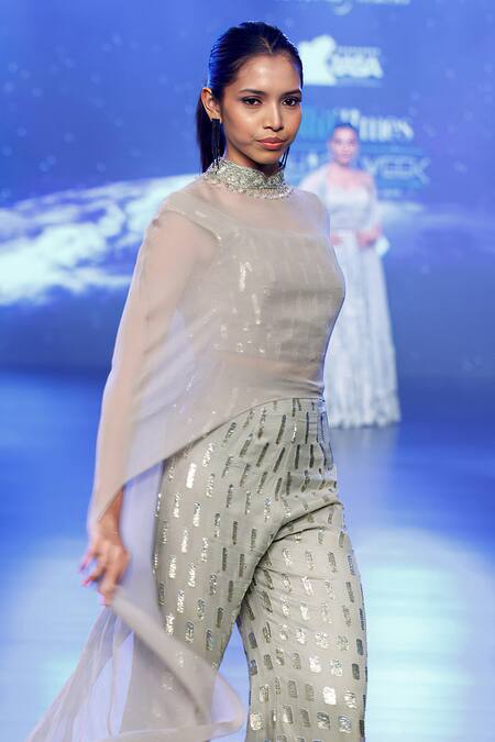 Rabani & Rakha Gray Georgette Sequins Round Neck Dibbi Embroidered Pant Set Online at Aza Fashions Rabani & Rakha_Gray Georgette Sequins Round Neck Dibbi Embroidered Pant Set _Online_at_Aza_Fashions