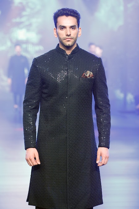 Shop Rabani & Rakha Black Georgette, Cotton, Silk Sequins Embroidered Sherwani Set at Aza Fashions Shop_Rabani & Rakha_Black Georgette, Cotton, Silk Sequins Embroidered Sherwani Set _at_Aza_Fashions