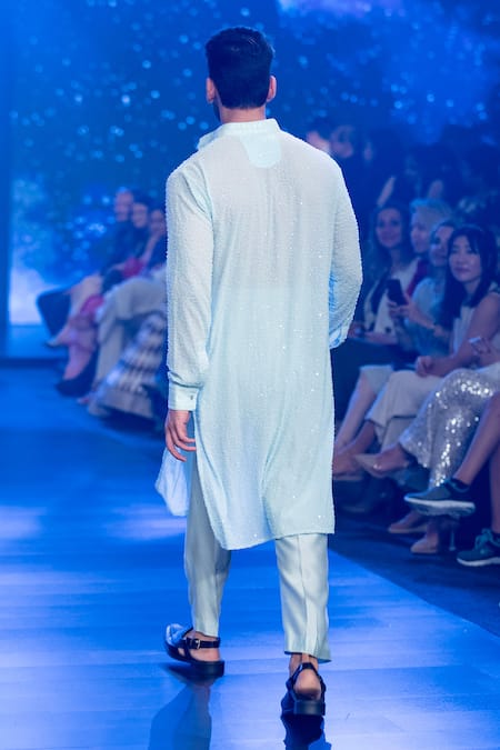 Shop Rabani & Rakha Blue Georgette Sequins, Cut Work Embroidered Aqua Kurta Set at Aza Fashions Shop_Rabani & Rakha_Blue Georgette Sequins, Cut Work Embroidered Aqua Kurta Set _at_Aza_Fashions