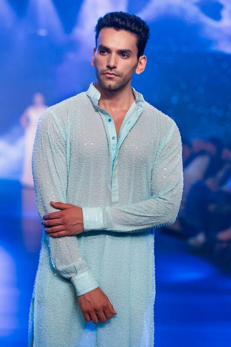 Rabani & Rakha Blue Georgette Sequins, Cut Work Embroidered Aqua Kurta Set Online at Aza Fashions Rabani & Rakha_Blue Georgette Sequins, Cut Work Embroidered Aqua Kurta Set _Online_at_Aza_Fashions