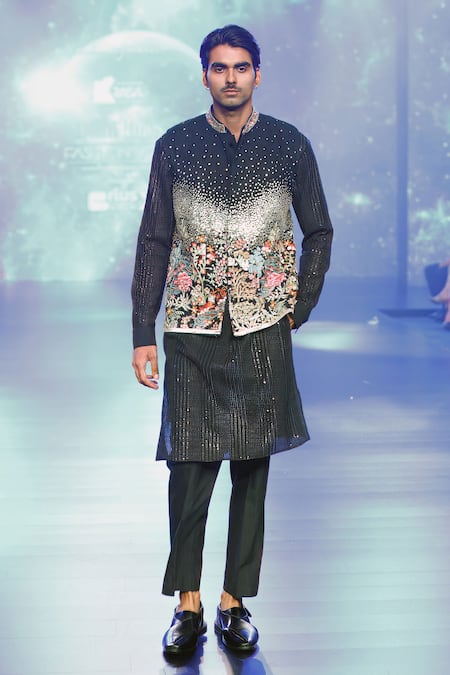 Rabani & Rakha Floral Resham Embroidered Nehru Jacket 