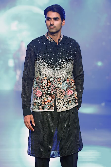 Shop Rabani & Rakha Black Georgette Sequins, Embroidery Floral Nehru Jacket at Aza Fashions Shop_Rabani & Rakha_Black Georgette Sequins, Embroidery Floral Nehru Jacket _at_Aza_Fashions