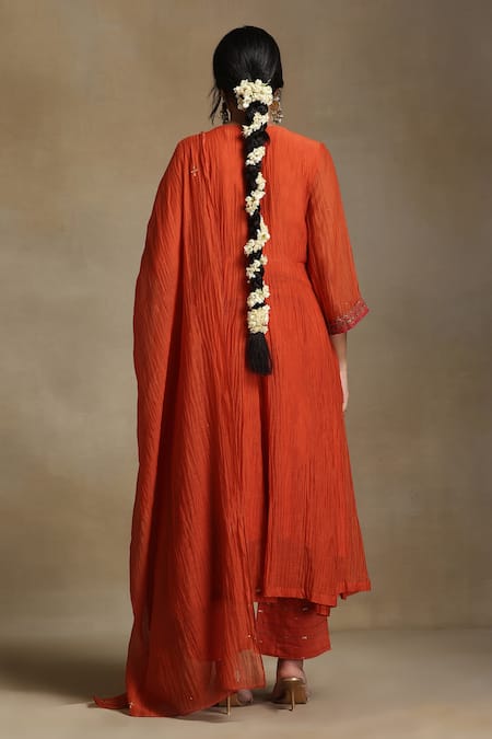 Shop Weaver Story Orange Chanderi, Cotton Satin Sequins, Embroidery Burnt Anarkali And Pant Set at Aza Fashions Shop_Weaver Story_Orange Chanderi, Cotton Satin Sequins, Embroidery Burnt Anarkali And Pant Set _at_Aza_Fashions