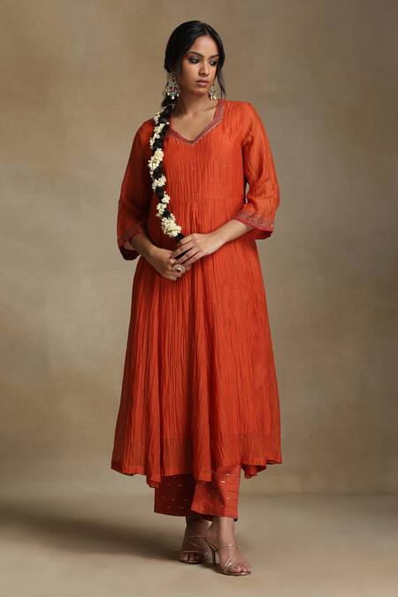 Weaver Story Orange Chanderi, Cotton Satin Sequins, Embroidery Burnt Anarkali And Pant Set Online at Aza Fashions Weaver Story_Orange Chanderi, Cotton Satin Sequins, Embroidery Burnt Anarkali And Pant Set _Online_at_Aza_Fashions