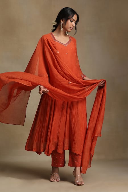 Buy Weaver Story Orange Chanderi, Cotton Satin Sequins, Embroidery Burnt Anarkali And Pant Set Online at Aza Fashions Buy_Weaver Story_Orange Chanderi, Cotton Satin Sequins, Embroidery Burnt Anarkali And Pant Set _Online_at_Aza_Fashions