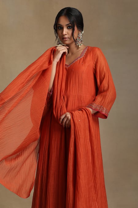 Shop Weaver Story Orange Chanderi, Cotton Satin Sequins, Embroidery Burnt Anarkali And Pant Set Online at Aza Fashions Shop_Weaver Story_Orange Chanderi, Cotton Satin Sequins, Embroidery Burnt Anarkali And Pant Set _Online_at_Aza_Fashions