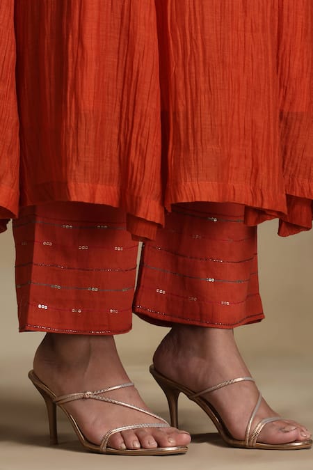 Weaver Story Orange Chanderi, Cotton Satin Sequins, Embroidery Burnt Anarkali And Pant Set at Aza Fashions Weaver Story_Orange Chanderi, Cotton Satin Sequins, Embroidery Burnt Anarkali And Pant Set _at_Aza_Fashions