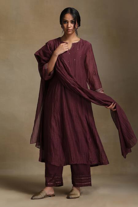 Weaver Story_Wine Chanderi, Cotton Satin Sequins, Beads, Embroidery Split Floral Kurta Set _Online_at_Aza_Fashions