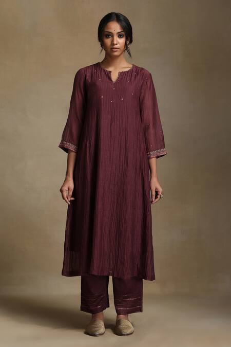 Buy_Weaver Story_Wine Chanderi, Cotton Satin Sequins, Beads, Embroidery Split Floral Kurta Set _Online_at_Aza_Fashions