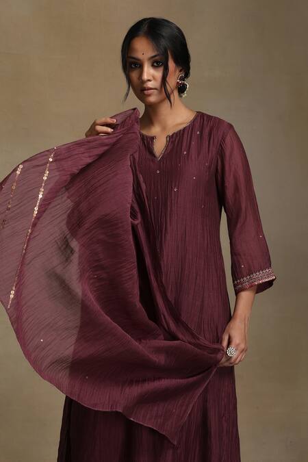 Shop_Weaver Story_Wine Chanderi, Cotton Satin Sequins, Beads, Embroidery Split Floral Kurta Set _Online_at_Aza_Fashions