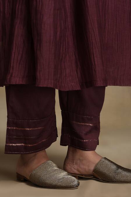 Weaver Story_Wine Chanderi, Cotton Satin Sequins, Beads, Embroidery Split Floral Kurta Set _at_Aza_Fashions