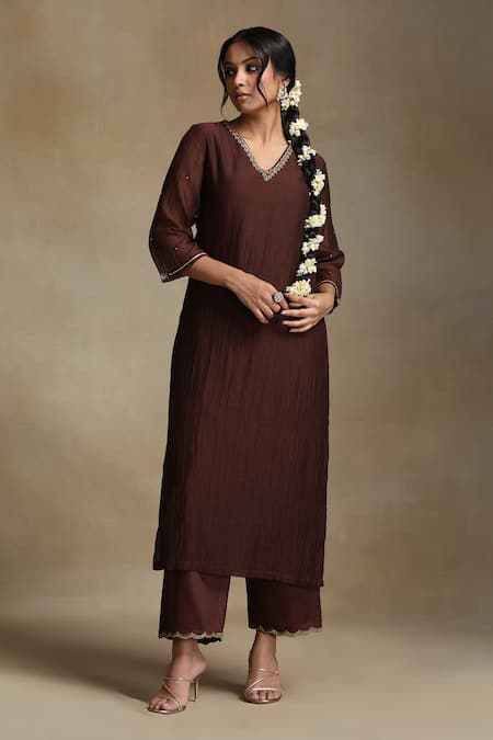 Weaver Story Brown Chanderi, Cotton Satin Embroidery, Sequins V-neck Floral Kurta Set Online at Aza Fashions Weaver Story_Brown Chanderi, Cotton Satin Embroidery, Sequins V-neck Floral Kurta Set _Online_at_Aza_Fashions