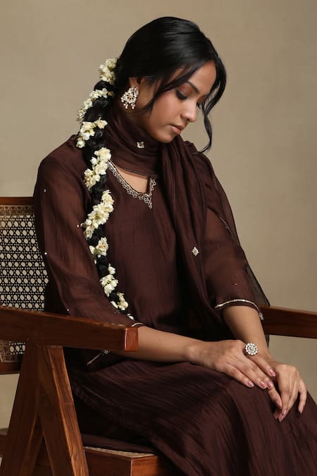 Shop Weaver Story Brown Chanderi, Cotton Satin Embroidery, Sequins V-neck Floral Kurta Set Online at Aza Fashions Shop_Weaver Story_Brown Chanderi, Cotton Satin Embroidery, Sequins V-neck Floral Kurta Set _Online_at_Aza_Fashions