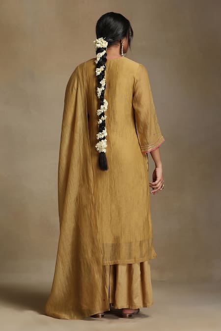 Shop Weaver Story Yellow Chanderi, Cotton Satin Sequins, Embroidery Split Floral Kurta Set at Aza Fashions Shop_Weaver Story_Yellow Chanderi, Cotton Satin Sequins, Embroidery Split Floral Kurta Set _at_Aza_Fashions