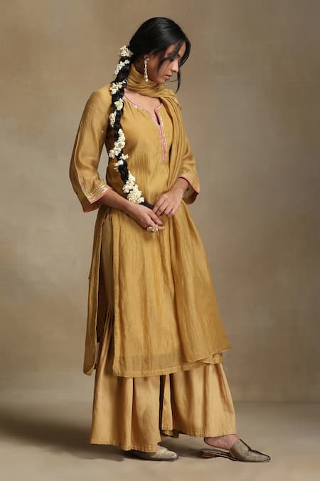 Buy Weaver Story Yellow Chanderi, Cotton Satin Sequins, Embroidery Split Floral Kurta Set Online at Aza Fashions Buy_Weaver Story_Yellow Chanderi, Cotton Satin Sequins, Embroidery Split Floral Kurta Set _Online_at_Aza_Fashions