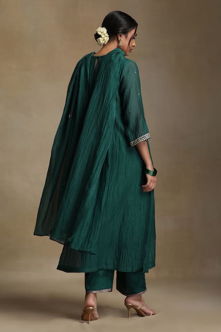 Shop Weaver Story Green Chanderi, Cotton Satin Sequins, Embroidery Round Neck A-line Kurta Set at Aza Fashions Shop_Weaver Story_Green Chanderi, Cotton Satin Sequins, Embroidery Round Neck A-line Kurta Set _at_Aza_Fashions