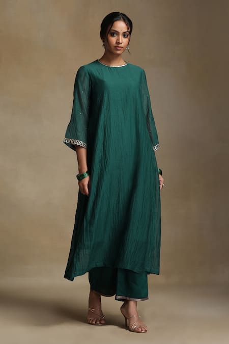 Weaver Story Green Chanderi, Cotton Satin Sequins, Embroidery Round Neck A-line Kurta Set Online at Aza Fashions Weaver Story_Green Chanderi, Cotton Satin Sequins, Embroidery Round Neck A-line Kurta Set _Online_at_Aza_Fashions