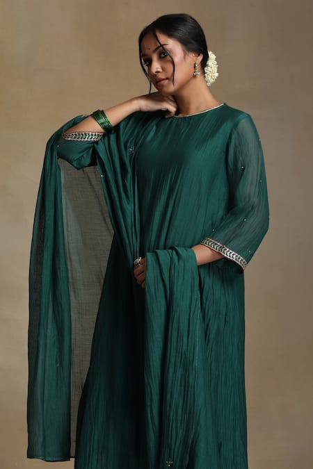 Buy Weaver Story Green Chanderi, Cotton Satin Sequins, Embroidery Round Neck A-line Kurta Set Online at Aza Fashions Buy_Weaver Story_Green Chanderi, Cotton Satin Sequins, Embroidery Round Neck A-line Kurta Set _Online_at_Aza_Fashions