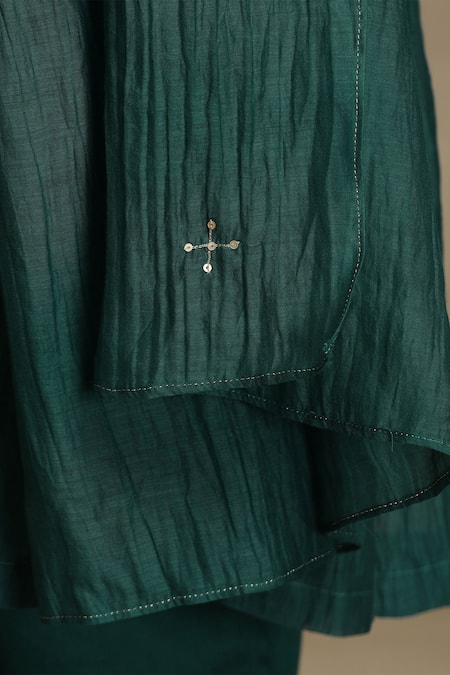 Shop Weaver Story Green Chanderi, Cotton Satin Sequins, Embroidery Round Neck A-line Kurta Set Online at Aza Fashions Shop_Weaver Story_Green Chanderi, Cotton Satin Sequins, Embroidery Round Neck A-line Kurta Set _Online_at_Aza_Fashions