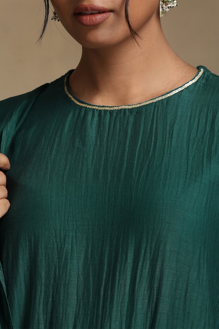 Buy Weaver Story Green Chanderi, Cotton Satin Sequins, Embroidery Round Neck A-line Kurta Set Buy_Weaver Story_Green Chanderi, Cotton Satin Sequins, Embroidery Round Neck A-line Kurta Set