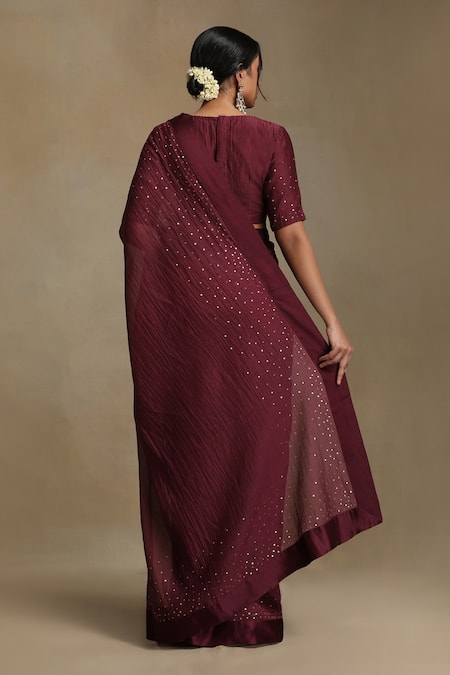 Shop Weaver Story Wine Chanderi Sequins Round Neck Embroidered Saree Set at Aza Fashions Shop_Weaver Story_Wine Chanderi Sequins Round Neck Embroidered Saree Set _at_Aza_Fashions