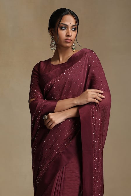 Buy Weaver Story Wine Chanderi Sequins Round Neck Embroidered Saree Set Online at Aza Fashions Buy_Weaver Story_Wine Chanderi Sequins Round Neck Embroidered Saree Set _Online_at_Aza_Fashions