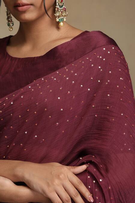 Shop Weaver Story Wine Chanderi Sequins Round Neck Embroidered Saree Set Online at Aza Fashions Shop_Weaver Story_Wine Chanderi Sequins Round Neck Embroidered Saree Set _Online_at_Aza_Fashions