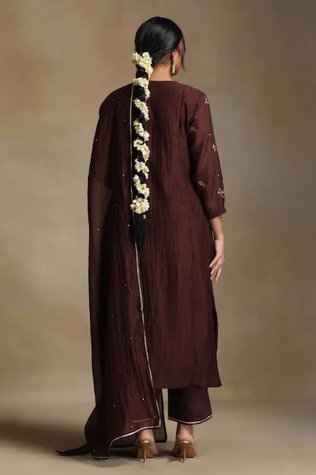 Weaver Story Brown Chanderi Embroidered Kurta Set 